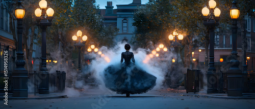Elegant Woman In Long Black Dress Walking Down A Smoky City Street At Night