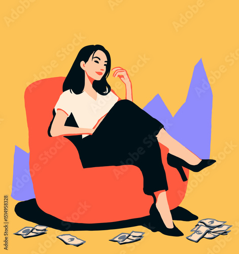 Wealthy Woman in Thoughtful Moment: An illustration of a sophisticated woman, exuding affluence and contemplation, as she lounges in a vibrant armchair, surrounded by stacks of cash.
