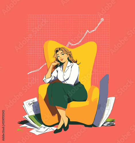 Confident Woman Contemplating Success: An artistic depiction of a composed woman in a chair, surrounded by papers, with a line graph illustrating financial growth and business progress.