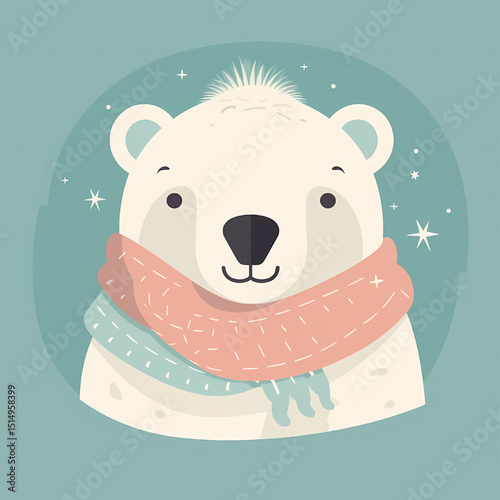Cheerful Polar Bear Portrait: a cute polar bear wears a cozy scarf, evoking warmth and joy. Its captivating design and simple aesthetic create a heartwarming image.