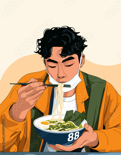 Savoring Ramen: A captivating illustration presents a person relishing a bowl of ramen, a delicious and comforting culinary delight, artfully captured with illustrative flair.