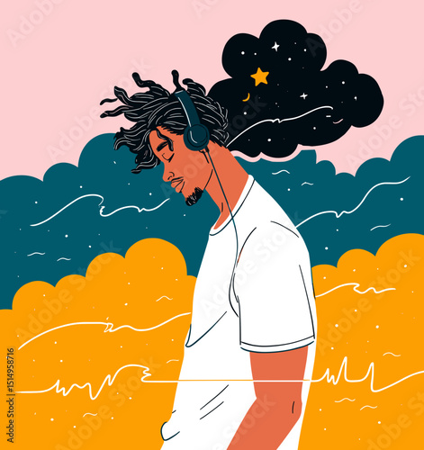 Celestial Soundscape: A young man, lost in the rhythm of his music, with headphones on and a dreamy nightscape emerging from his head.  The artwork evokes a sense of tranquility and inner peace.