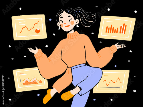 Data Visualization: A skilled woman in a creative graphic poses gracefully, surrounded by data visualizations, signifying the power of data analytics.