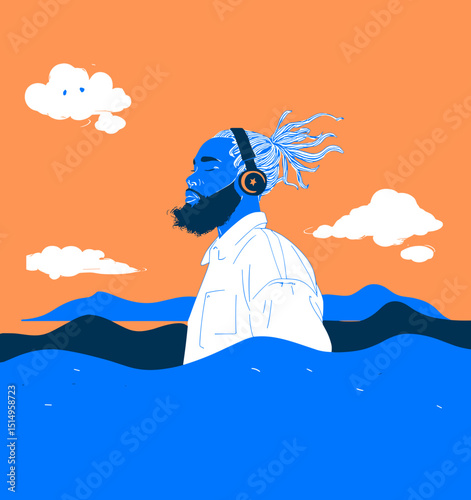 Serene Melodies: A man with dreadlocks listens to music, embodying peacefulness amidst a dynamic and colorful illustration with orange sky and blue sea.