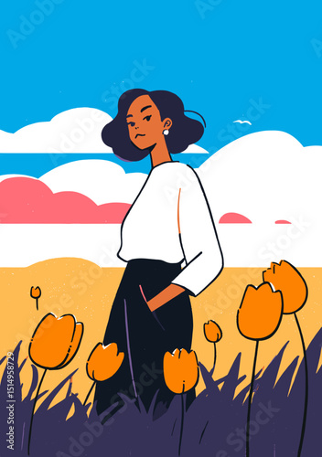 Elegant Woman in a Flower Field: An elegantly dressed woman stands amidst a vibrant field of tulips, her gaze both confident and serene, harmonizing with the colorful backdrop of a bright day.