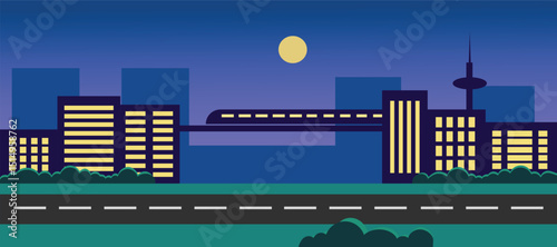 City train illustration. Train through the bridge. City building. Cityscape. Commuter line. Citylight. Railroad. Street. Moonlight.