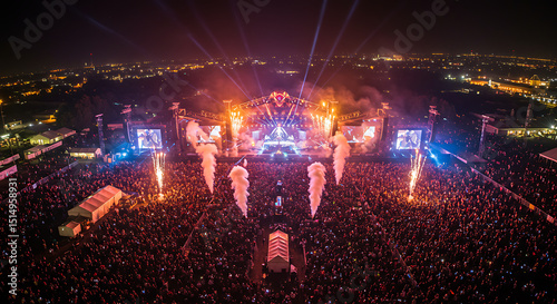 Epic Night Aerial View of Massive Concert with Fireworks and Crowd