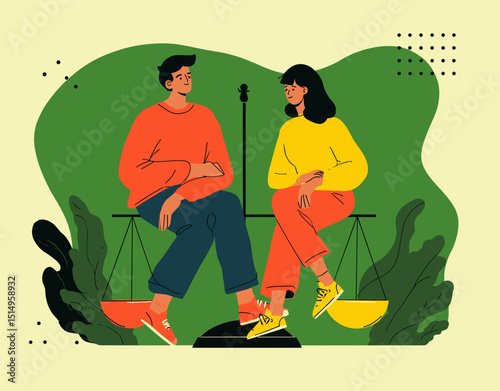 Balance and Equality: A stylized illustration depicting a man and a woman sitting on opposite sides of a scale, symbolizing balance, equality, and partnership.  