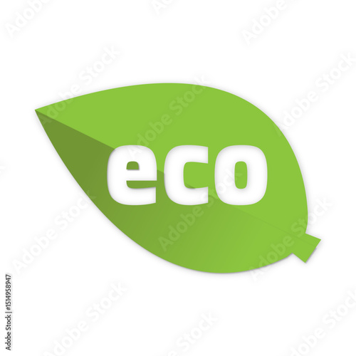green vector icon with shadow and text eco in the form of a leaf