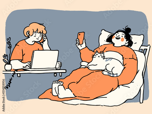 Cozy Moments and Connection: Illustration depicting a person and a cat, embraced in the comfort of home, highlighting the modern aspects of work and leisure.