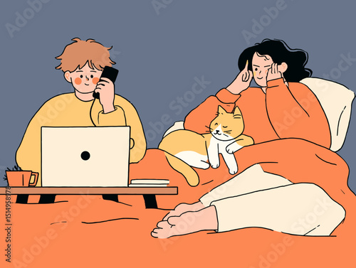 Cozy Home Relaxation: A tranquil illustration captures a man and a woman in their haven. Surrounded by the warmth of blankets, the woman rests, and the man engages with technology.