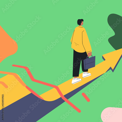 Path to Progression: An individual with a briefcase confidently walks on an upward-pointing arrow. This symbolic representation captures the essence of a visionary mindset and goal-oriented mindset.