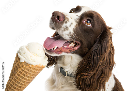 Brown and white springer spaniel looking up at an ice cream cone on a black background shot close up