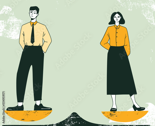 Gender Balance: A graphic illustration symbolizing gender equality. A man and a woman stand on opposite sides of a balance scale, representing the strive for fairness in society.