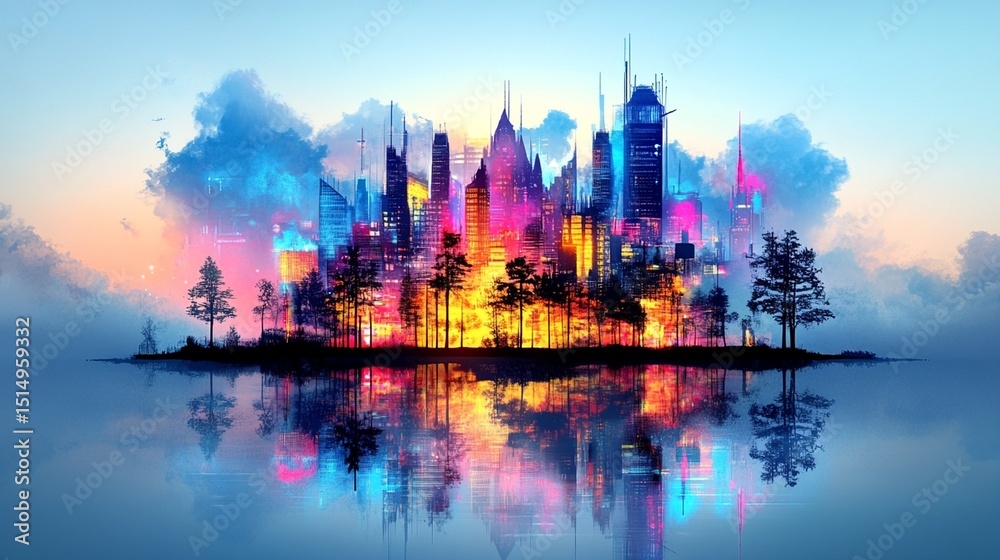 Obraz premium A vibrant, futuristic city skyline, bathed in neon hues, sits on a small island amidst a tranquil body of water, its reflection mirroring the colorful cityscape under a pastel sky. 
