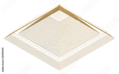 A pyramid is shown in a brown color. The pyramid is made of wood and has a brown color. Isometric view, 3D