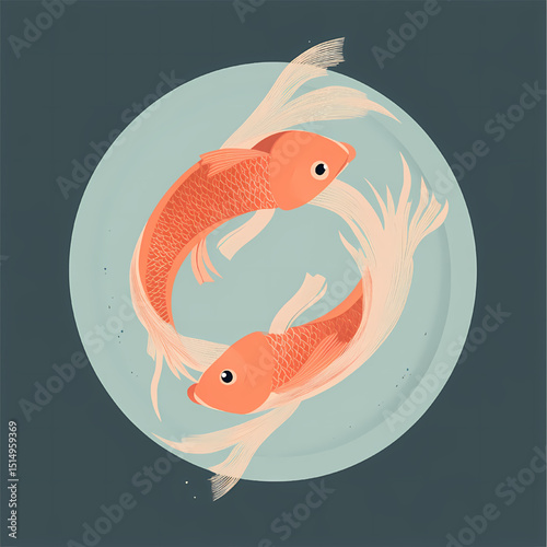 Serene Aquatic Harmony: Two vibrant koi fish swim gracefully in a tranquil, round pond, symbolizing balance and serenity. This illustration, with its minimalist design and soft palette.