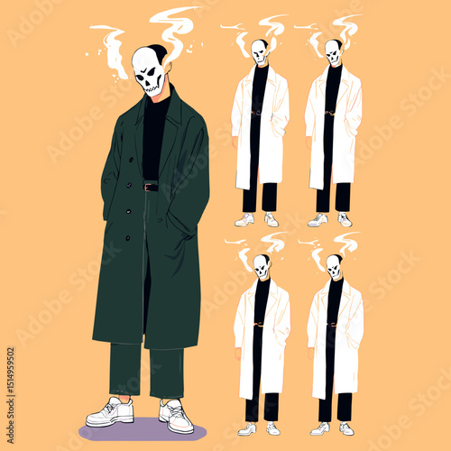 Skull Fashion: A striking illustration of a figure with a skull face, clad in a stylish, fashion-forward trench coat, exuding an air of mystery and edge.