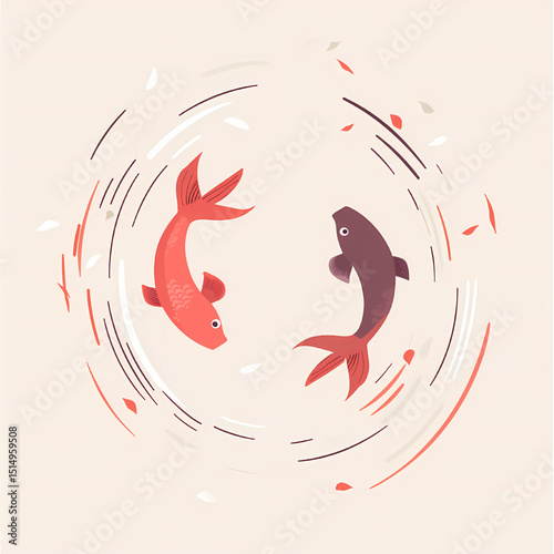 Harmonious koi fishes: A beautifully illustrated image showcasing two koi fish swimming in a circular motion, their elegant forms and vivid colors representing harmony, balance.