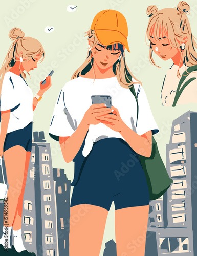 Digital Nomad in Urban Setting: A young woman, stylishly dressed, engrossed in her smartphone in a bustling urban setting, surrounded by high-rise buildings.