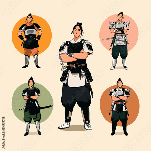 Warrior Collection: A dynamic collection of stoic warriors, each adorned in distinctive traditional attire and poised with an air of formidable strength. Displayed in various poses.