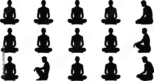 Vector silhouettes of men in meditation, seated in calm poses, ideal for spiritual, wellness, and lifestyle graphic design