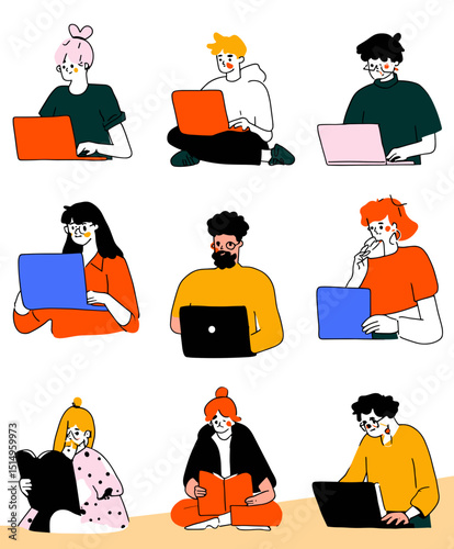 Digital Workspace: A dynamic digital art piece depicting diverse individuals engaged in computer, showcasing the modern concept of flexible workspaces and virtual work environments.