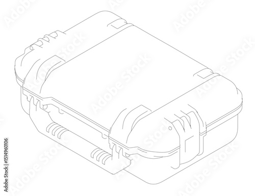 A black and white drawing of a case with a white handle. The case is rectangular and has a white lid