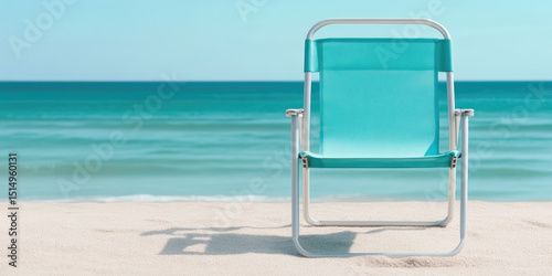 Beach chair placed on sandy shore facing calm turquoise sea under a clear blue sky. Concept: Relaxation, vacation, solitude, seaside, tranquility