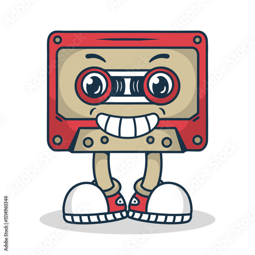 Red cassette tape character with leg, in standing pose with smiling face