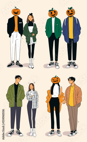 Halloween Fashion Illustration: A stylish ensemble of individuals showcasing a variety of Halloween-themed outfits, each person embodies a unique character, set against a simple.