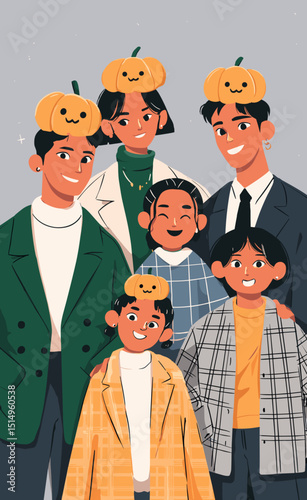 Family Portrait with Festive Pumpkin Heads: A heartwarming family portrait, each member adorned with cheerful pumpkin head, exuding joy and a spirit of togetherness.