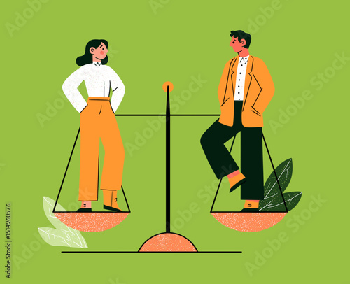 Balance of Power: A symbolic illustration of equality, with a man and woman standing on opposite sides of a balanced scale, against a vibrant green backdrop.