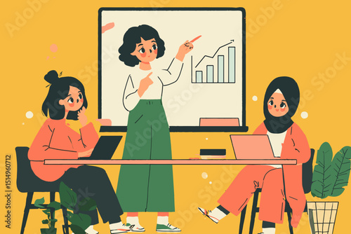 Teamwork and Strategy: Depicts a collaborative atmosphere where a female leader guides a presentation to two other colleagues, fostering teamwork and strategizing for their future.