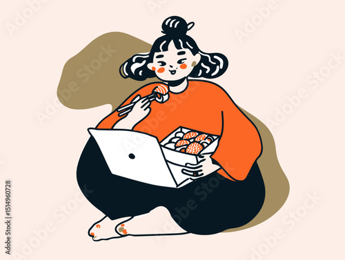 Leisurely Lunchtime Laptop: A charming young woman, enjoys a delightful midday meal. Focused on her laptop, the scene radiates relaxation and simple pleasures of life.