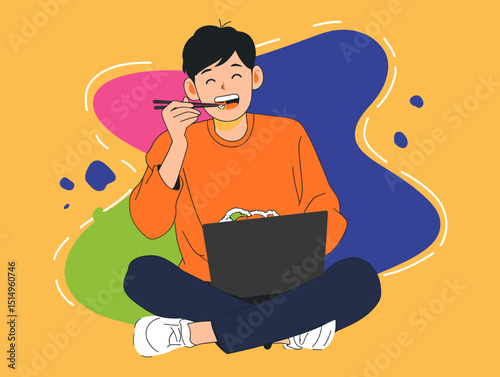 Leisure and Culinary Fusion: A young individual, radiating contentment, enjoys a meal with chopsticks while simultaneously using laptop, blending leisure and gastronomy.