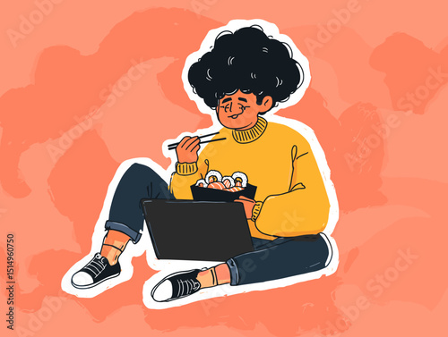 Work-Life Balance: The illustration beautifully encapsulates a moment of work-life integration. The person is seen engrossed in work while taking a moment to savor a delicious meal.