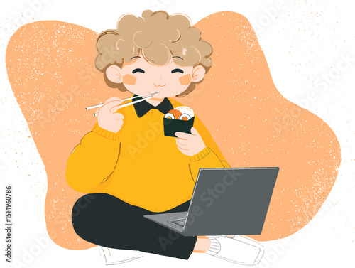 Digital Nomad enjoying sushi while working on a laptop: A digitally-crafted image of a person enjoying sushi while working on a laptop.