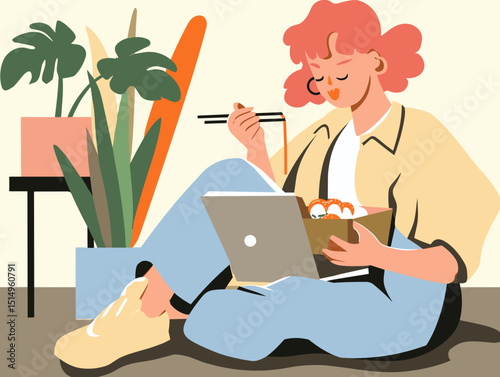 Work-Life Fusion: A woman finds balance, enjoying a meal while immersed in her work, blurring the lines between personal and professional life.