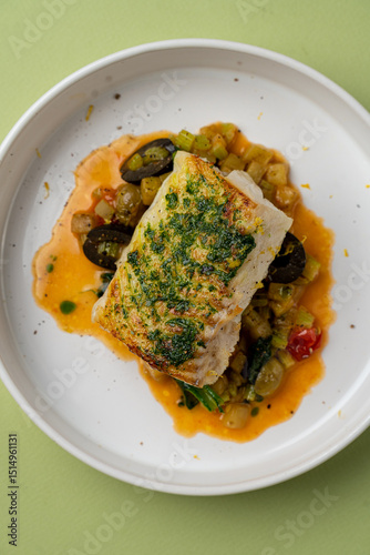 Juicy, perfectly cooked fish sits atop a colorful medley of vegetables and olives, drizzled with a zesty sauce that enhances the dish's fresh flavors