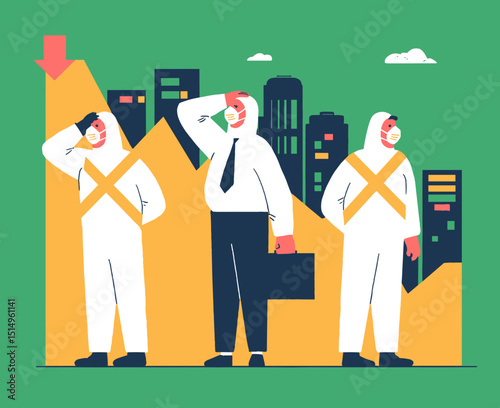 Economic downturn: Three individuals grapple with the stark realities of a financial crisis, their expressions of worry and concern mirroring the downward trend depicted by the graphic behind them.