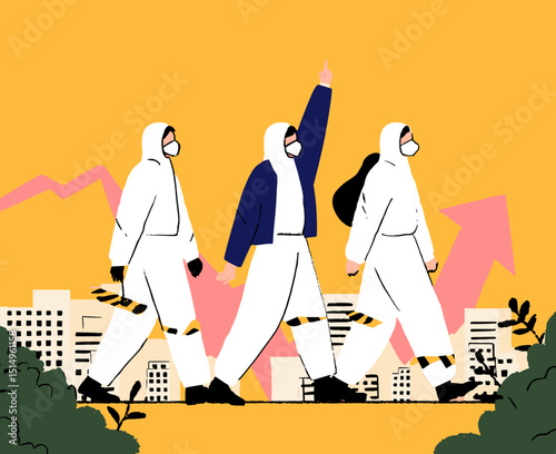 Pioneering Resilience: Courageous figures, adorned in protective attire, traverse a path of progress, symbolizing unwavering determination against challenges, a vibrant portrayal of resilience.