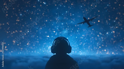Silhouette of a person wearing headphones, looking up at an airplane flying in a starry night sky.  Concept of travel, dreams, freedom, and music.