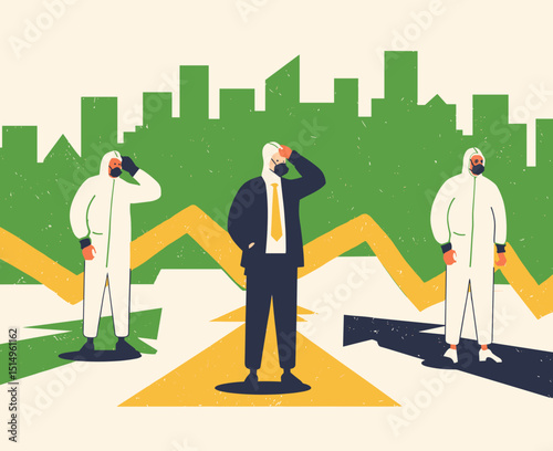 Navigating Uncertainty: A visual metaphor of facing a crossroads during a pandemic. A central figure in formal attire, flanked by two in protective suits.