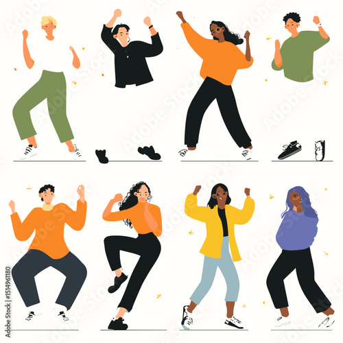 Joyful Dance Ensemble: A lively collection of diverse individuals celebrate in unison through dance, expressing euphoria, fun, and unity. Each dancer, unique in attire and style.