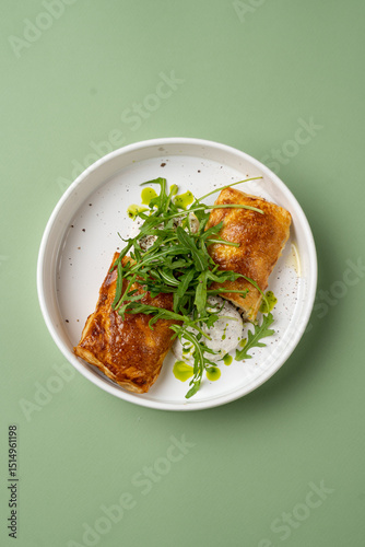 Wallpaper Mural A delicious enchilada, golden brown and filled with flavorful ingredients, is adorned with fresh greens, served on a simple white plate against a muted green background Torontodigital.ca
