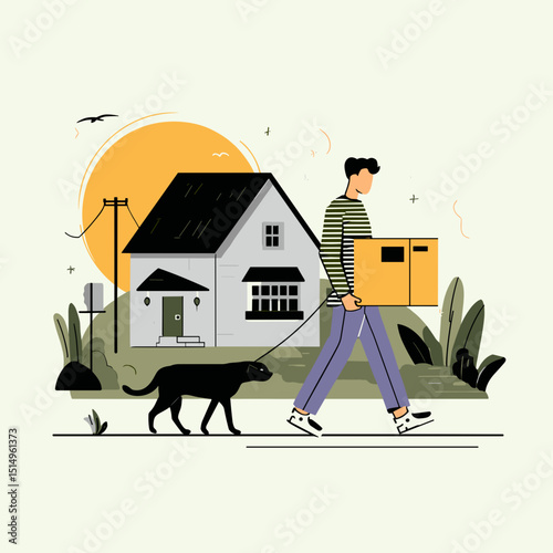 Home Delivery: A man with a dog delivers a package in a charming neighborhood. An illustration focusing on local delivery services, highlighting home deliveries.