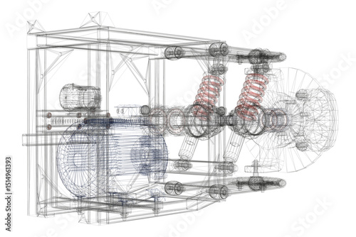 A close up of a car with a blue engine and red springs. The car is designed to be sleek and aerodynamic, with a focus on performance and efficiency