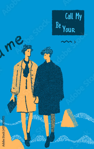 Couple Illustration: Hand in hand, two figures evoke a sense of intimacy and connection against abstract shapes, a stylized rendering of love and relationship.