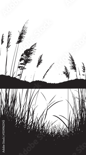Reeds swaying by a lakeside. silhouette illustration